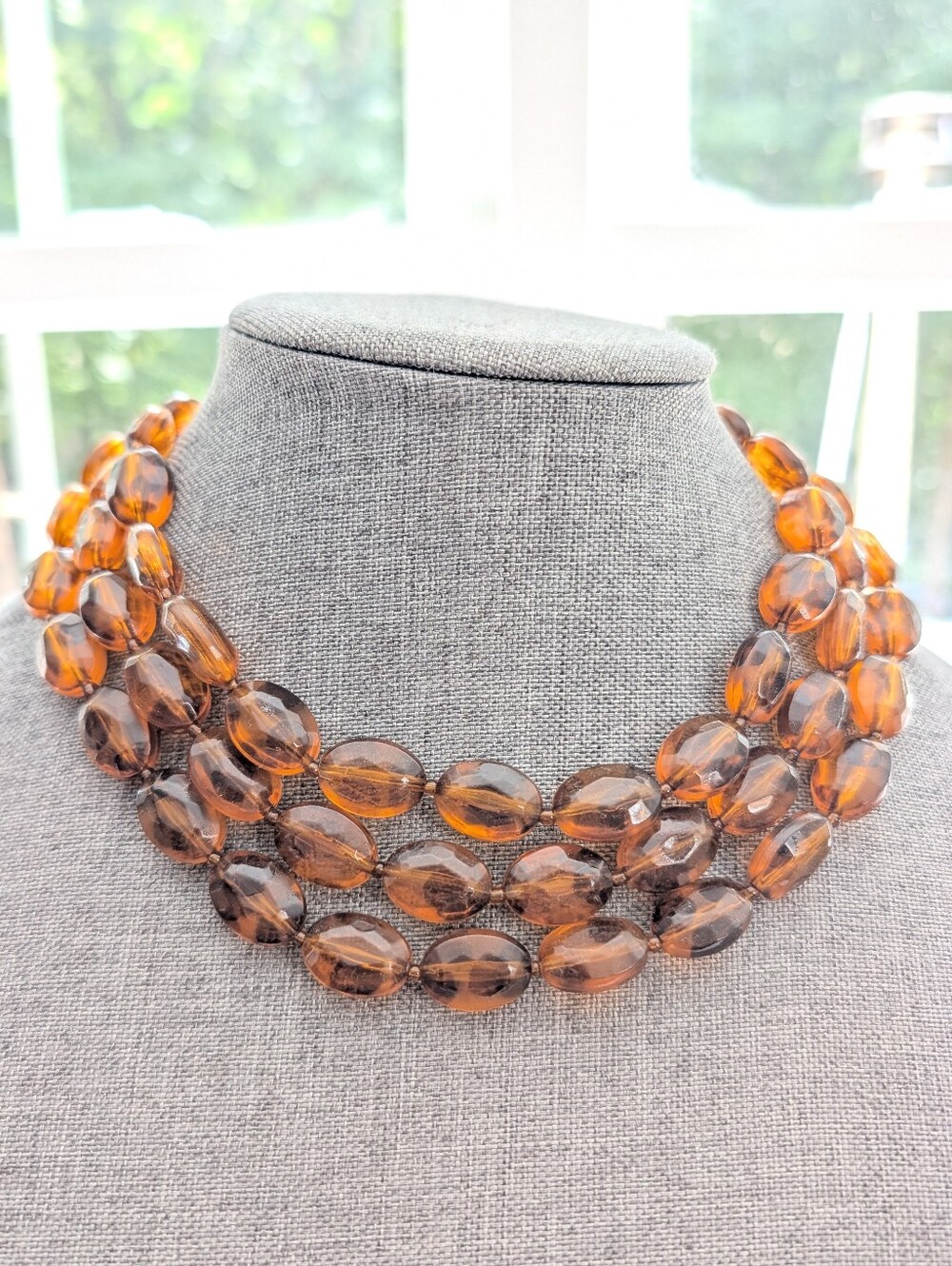 Vintage Chic Triple Strand Faux Amber Acrylic Beaded Layered Retro Necklace
